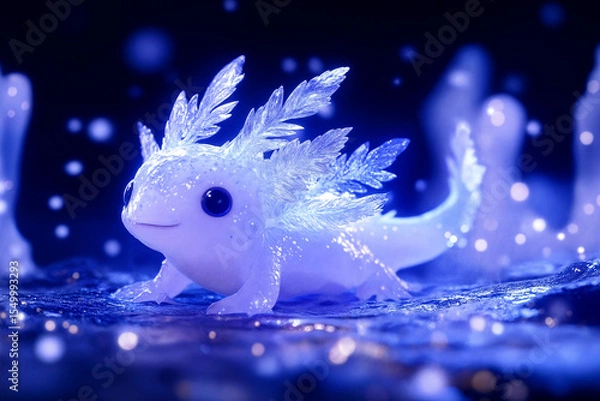 Fototapeta Fantasy Ice Axolotl with Crystal Gills in Magical Glow. Ideal for projects on mythology, fantasy art, magical creatures, or enchanting nature scenes.