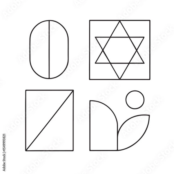 Obraz e mail icon on metal internet button, Four Minimalist Geometric Forms: Oval, Star-Patterned Square, Diagonal-Split Square, Semicircle & Leaf Composite Artwork