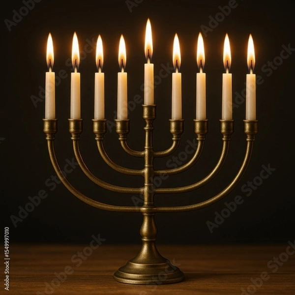 Obraz Eight candles are burning on gold Menorah. It is standing on wooden surface. Background is dark. This shows tradition and celebration in warm, inviting tone
