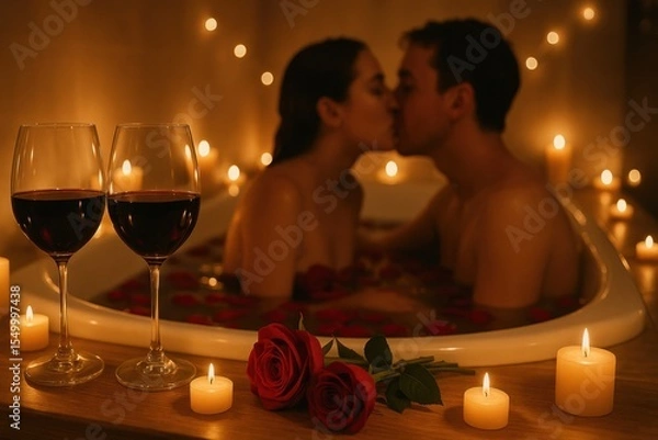 Obraz Young couple kisses in bathtub filled with water and red rose petals. Two glasses of red wine and lit candles sit nearby. Soft, warm light creates intimate and romantic atmosphere