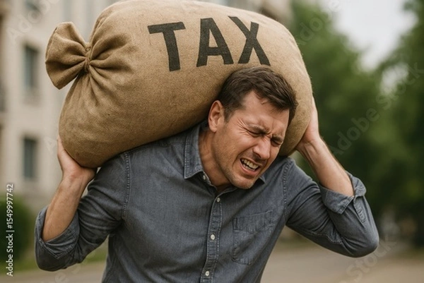 Obraz Man grimaces, carrying heavy bag with TAX written on it over his shoulder. He appears burdened, feeling pressure from tax expenses. Background shows blurry building and greenery