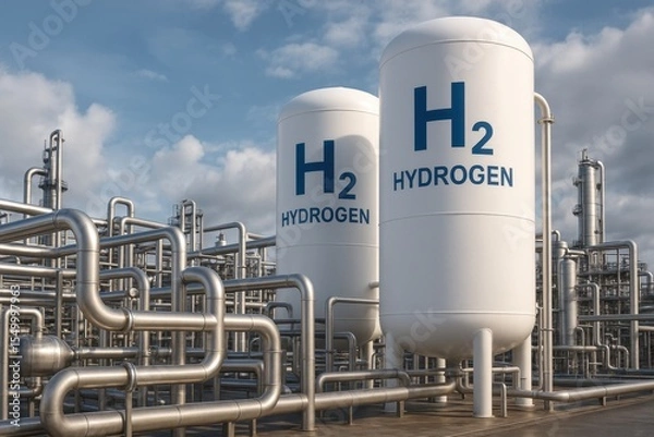 Obraz White Hydrogen storage tanks stand at production plant. A complex network of metal pipelines fills foreground. The sky above is partly cloudy. Processing towers rise in background