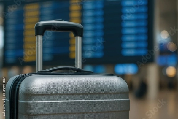 Obraz Silver luggage waits in airport terminal. Departure information board displaying flight schedules in the distance. Travel and transportation concept