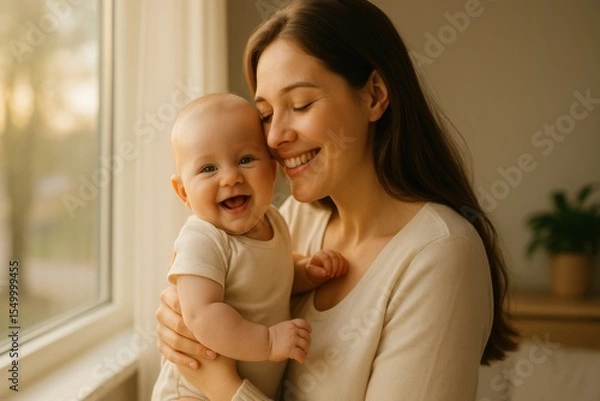 Obraz Mother tenderly holds her young, laughing baby near window. Sunlight gently illuminates their faces. They are sharing a special moment of joy and connection in cozy home setting