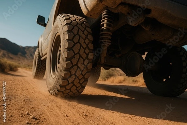 Obraz Car drives across dusty desert path. Rear tires kick up dust. Vehicle suspension and differential are visible. Background displays desert landscape and distant mountains under a blue sky