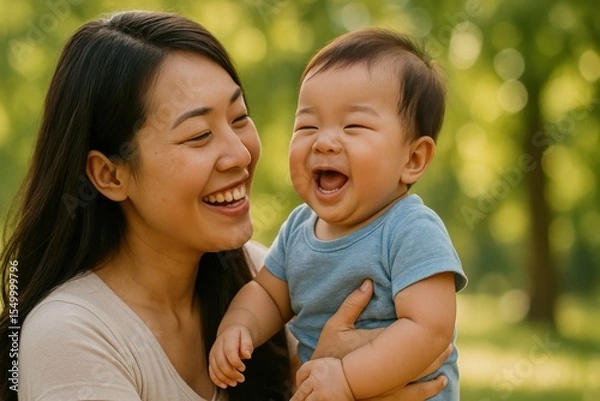 Obraz Asian mother holds her adorable baby son, who is laughing joyfully. Both are smiling, enjoying a sunny day in a park. Green foliage creates a soft, blurred background