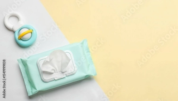 Fototapeta Baby wipes in open pack with baby toy on pastel background  