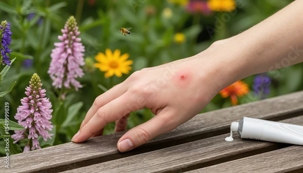 Fototapeta Hand with swollen bee sting and ointment near colorful flowers  