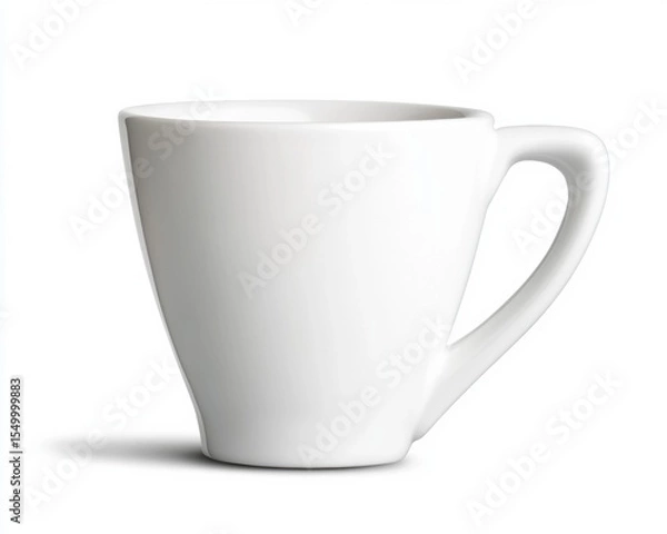 Fototapeta A simple, white ceramic coffee cup with a handle, shown on a white background with a slight shadow beneath it.
