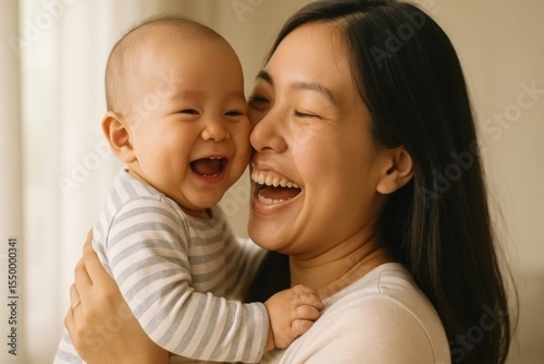 Obraz Mother holds her adorable baby close. Both are laughing heartily, displaying open mouths and bright eyes. Happiness and love are evident in their expressions
