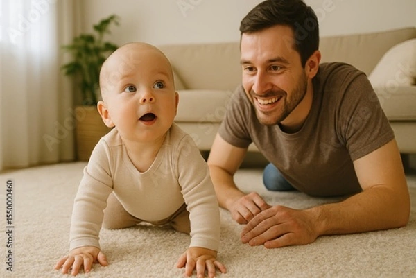 Obraz Father, on floor, smiles while watching infant crawling. Room is bright with minimal decor and natural light. Baby wears light onesie. Father is in casual tee shirt and jeans
