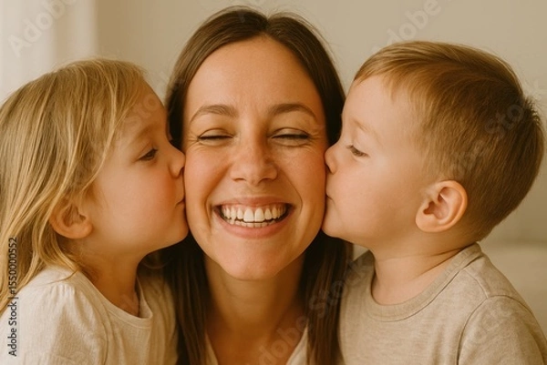 Obraz A smiling Mother closes her eyes as her young daughter and son kiss her cheeks simultaneously. This intimate moment captures the deep bond and love within family