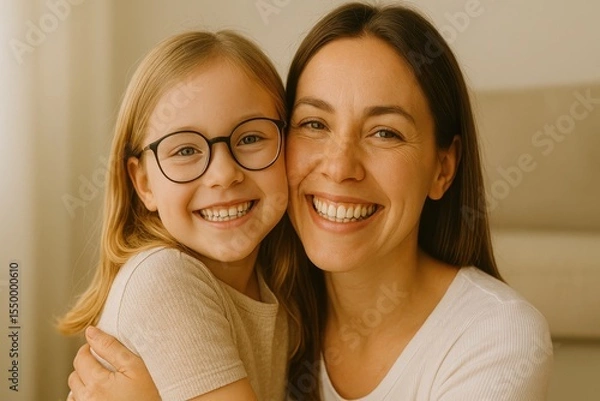 Obraz Woman and young girl, presumably mother and daughter, hug. Girl wears glasses and smiles. Both are looking at viewer with big smiles in an indoor setting