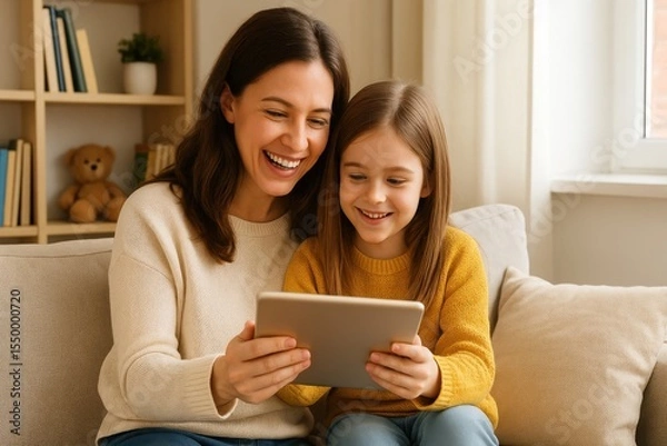Obraz Cheerful Mother and young Daughter are sitting together on sofa. They both are smiling while looking at the tablet screen. Bookshelf is visible in background
