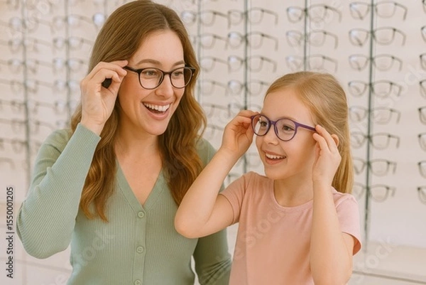 Obraz Smiling woman and little girl try on different eyeglasses at optician store. They seem happy with their shopping experience. Wall is full of various frames
