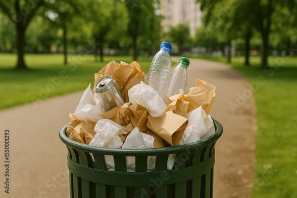 Obraz Public trash can is filled to overflowing with litter. Paper bags, plastic bottles, and aluminum can spill out. Bin sits on path in park, with lawn and trees in background