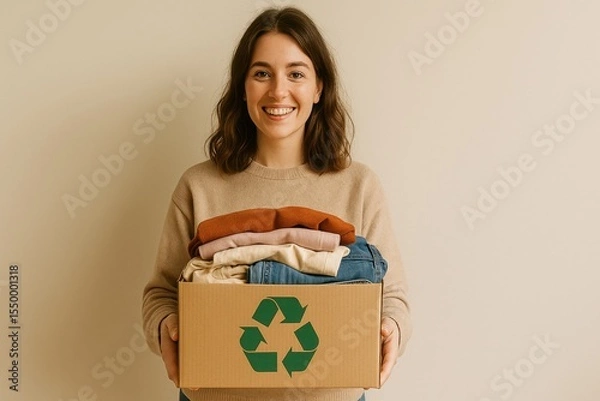 Obraz Young woman smiles while holding cardboard box with recycling symbol. Box contains clothing ready for donation or recycling. She stands indoors in front of cream colored background