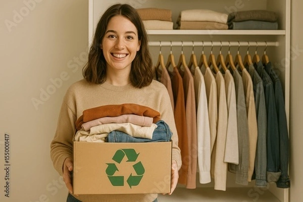 Obraz Woman in a beige sweater holds box with recycling symbol filled with clothes. Her wardrobe with folded and hanging clothes stands open behind her. She is smiling and donating