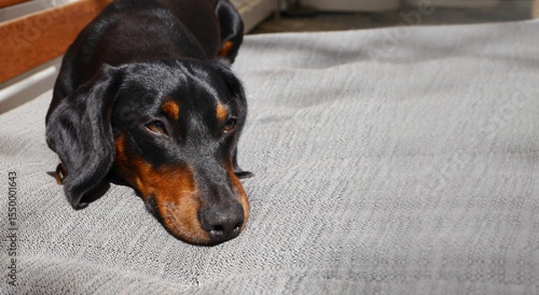 Fototapeta Hübscher junger schwarzer Dackel liegt auf einem grauen Polster und genießt die Sonne, Bild mit Textfreiraum