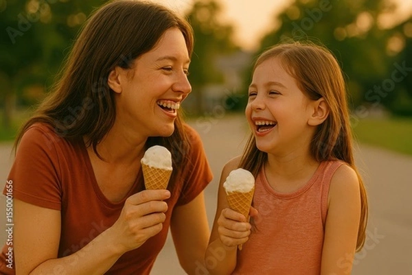 Obraz Mother and daughter are smiling and laughing while holding ice cream cones. Both are outside on a Summer evening. They are enjoying a fun time together