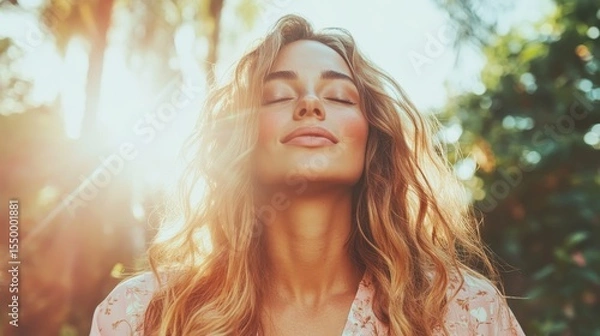 Fototapeta A young woman stands outdoors with her eyes closed, embracing the warm sunlight, exuding a calm and positive energy amidst the greenery surrounding her, symbolizing peace.