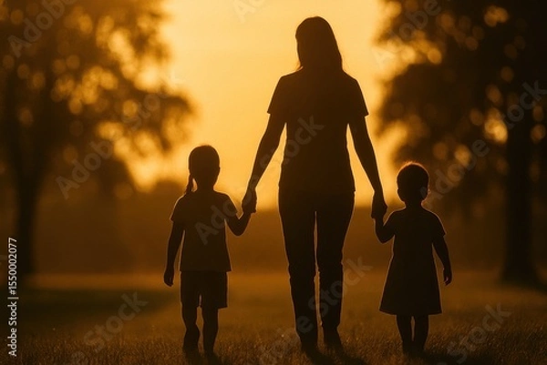 Obraz Silhouette shows mother walking with two young children, holding hands, across grassy field during golden hour sunset. Mature trees visible in distance add to peaceful outdoor setting
