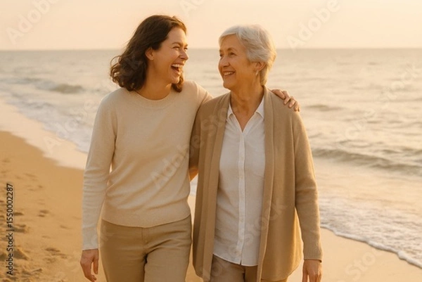 Obraz During sunset, woman and her senior mother are strolling along coast; they smile at each other. They are enjoying their time at sandy beach with warm, golden light