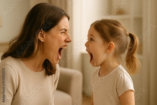 Obraz Young girl and Mother are standing face to face. Both people scream with mouths wide open indoors. Lighting is soft and even. People wear casual clothing