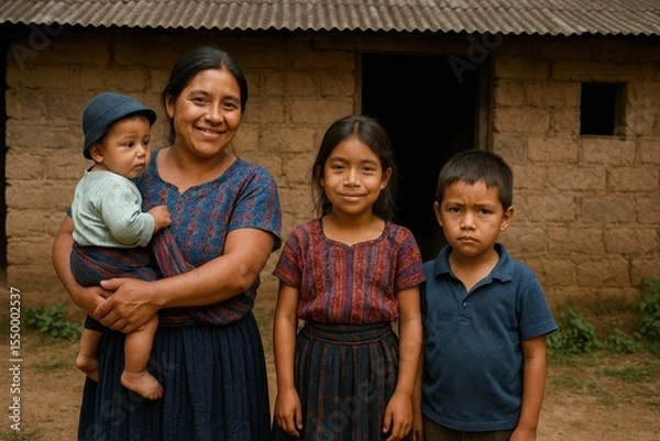 Obraz A woman in Guatemala holds her baby while standing beside two young children. They are standing in front of their simple home made of cinder blocks and corrugated metal