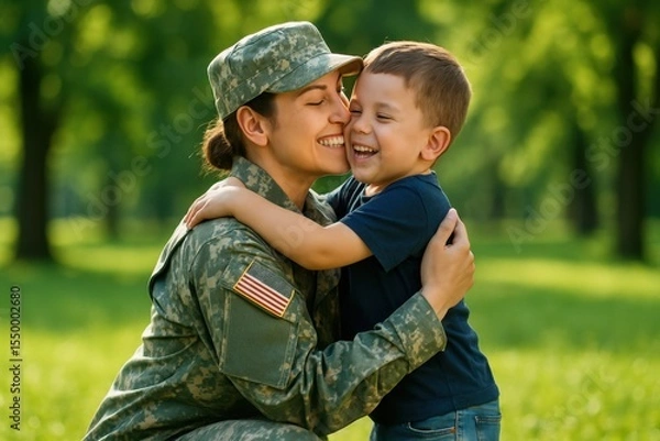 Obraz Smiling military woman in uniform hugs her son tightly in park. She wears army camouflage and has United States flag patch. Child embraces his mother, both laughing happily
