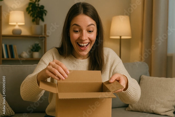 Obraz Young Woman sits on couch with happy expression as she opens cardboard box in living room. Warm light from lamps illuminates the scene in her cozy home