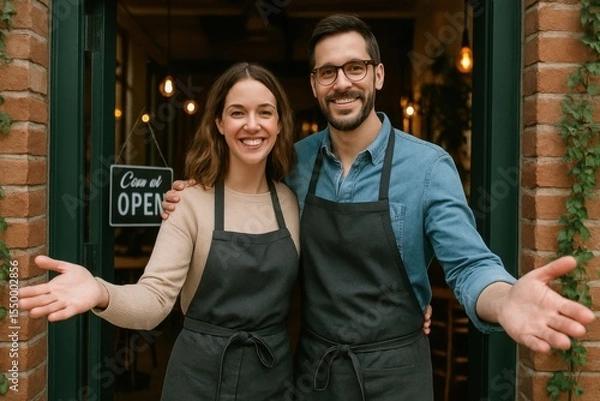 Obraz Smiling woman and man stand in doorway. Both are wearing aprons and welcoming customers into their new small business. Open sign hangs in background by a brick exterior