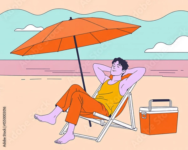 Fototapeta Relaxed man on the beach reclining in a chair with umbrella enjoying summer vacation time