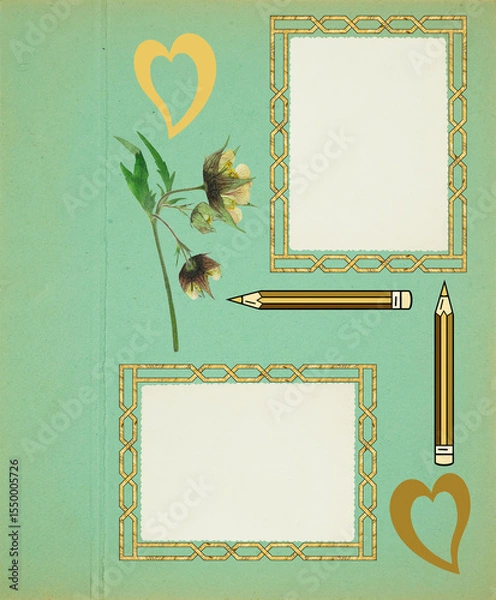 Fototapeta Scrapbook composition with flowers elements, brush, pencil, tube and photo frame. Page for stories. Layout photo album with empty photo frames. Page from an old photo album. Geum rivale.