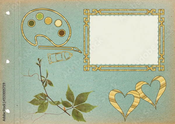 Fototapeta Scrapbook composition with flowers elements, brush, palette, pencil, tube and photo frame. Page for stories. Layout photo album with empty photo frames. Page from an old photo album. Grape.