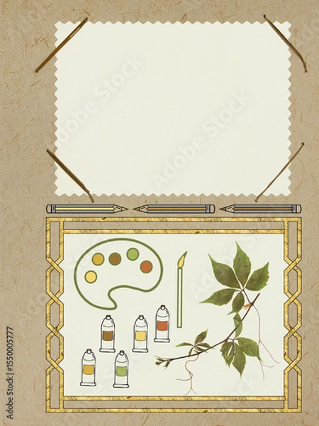 Fototapeta Scrapbook composition with flowers elements, brush, palette, pencil, tube and photo frame. Page for stories. Layout photo album with empty photo frames. Page from an old photo album. Grape.