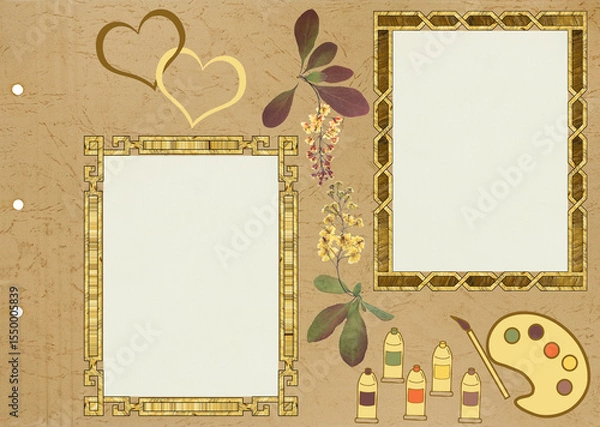 Fototapeta Scrapbook composition with flowers elements, brush, palette, pencil, tube and photo frame. Page for stories. Layout photo album with empty photo frames. Page from an old photo album. Barberry.