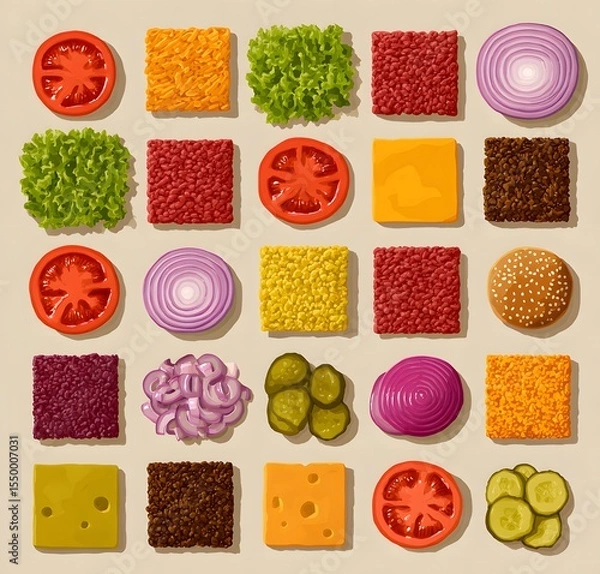 Fototapeta Creative flat lay composition of colorful burger ingredients arranged in a perfect grid on a neutral background. Featuring slices of tomato, onion, lettuce, pickles, various meats, cheese and sauces.