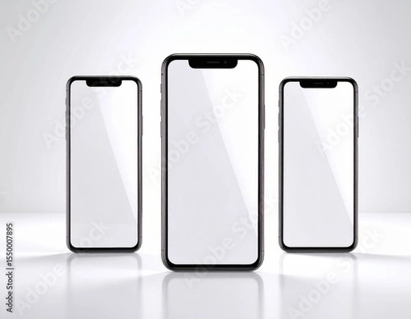 Fototapeta Sleek smartphones in various sizes on glossy background