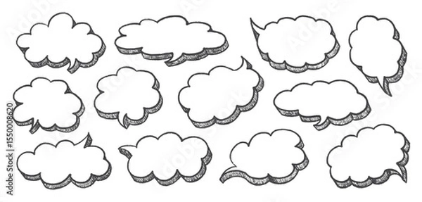 Fototapeta Speech Bubble Set with Hand-Drawn Chalk Outlines. Crayon Style Frames and Dialog Shapes on White Background.
