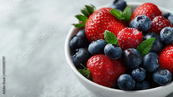 Fototapeta Fresh strawberries, blueberries and raspberries with mint leaves in a white bowl on a light background. Healthy breakfast or snack. Fresh and vibrant.