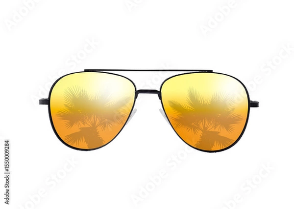 Obraz Bright sunglasses with reflection of palm on lenses against white background