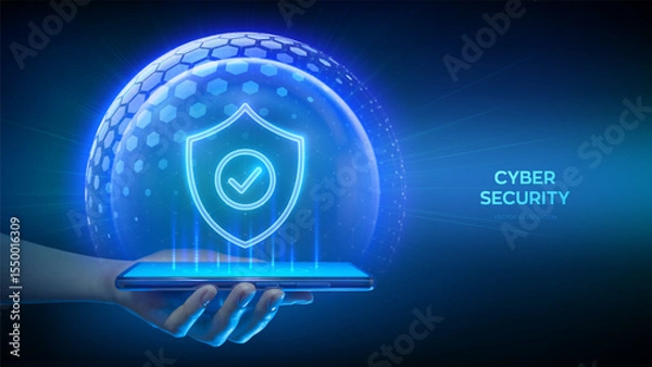 Fototapeta Cyber security and protection smartphone. Protection shield with Check mark icon inside sphere shield. Secure internet connection vpn, encryption. Personal data protection. Smartphone in hand. Vector