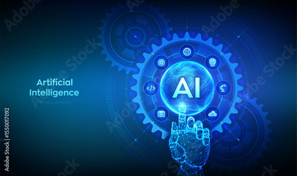 Fototapeta AI. Artificial Intelligence. Machine Learning Concept. Big data. Neural networks. Wavy grid sphere. Wireframe hand touching digital interface with connected gears cogs and icons. Vector illustration.