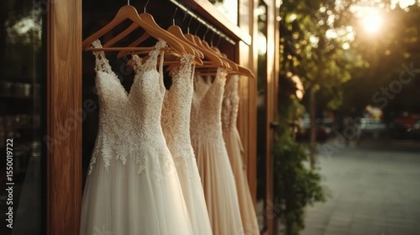 Fototapeta This enchanting image captures a collection of stunning bridal dresses elegantly displayed, showcasing intricate designs under warm natural sunlight in a serene setting.