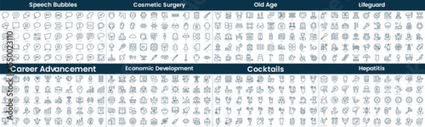Fototapeta Linear Style Icons Pack. In this bundle include speech bubbles, cosmetic surgery, old age, lifeguard, career advancement, economic development, cocktails, hepatitis