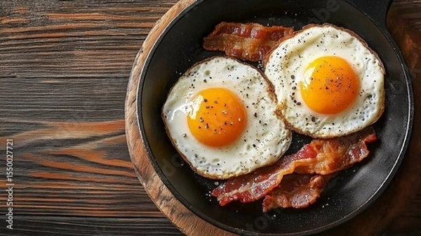 Fototapeta top view of two sunny-side up fried eggs with crispy bacon strips are served in a cast iron pan. Nutritious and healthy breakfast