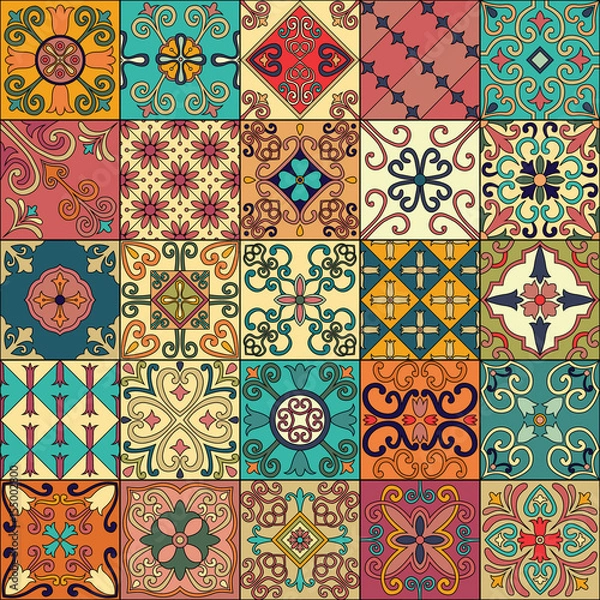 Obraz Seamless pattern with portuguese tiles in talavera style. Azulejo, moroccan, mexican ornaments.