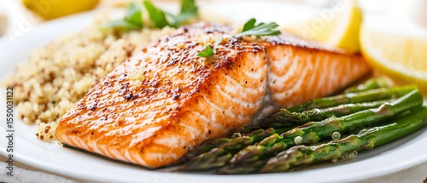 Fototapeta Grilled Salmon with Asparagus and Quinoa on a Plate