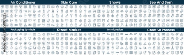 Fototapeta Linear Style Icons Pack. In this bundle include air conditioner, skin care, shows, seo and sem, packaging symbols, street market, immigration, creative process